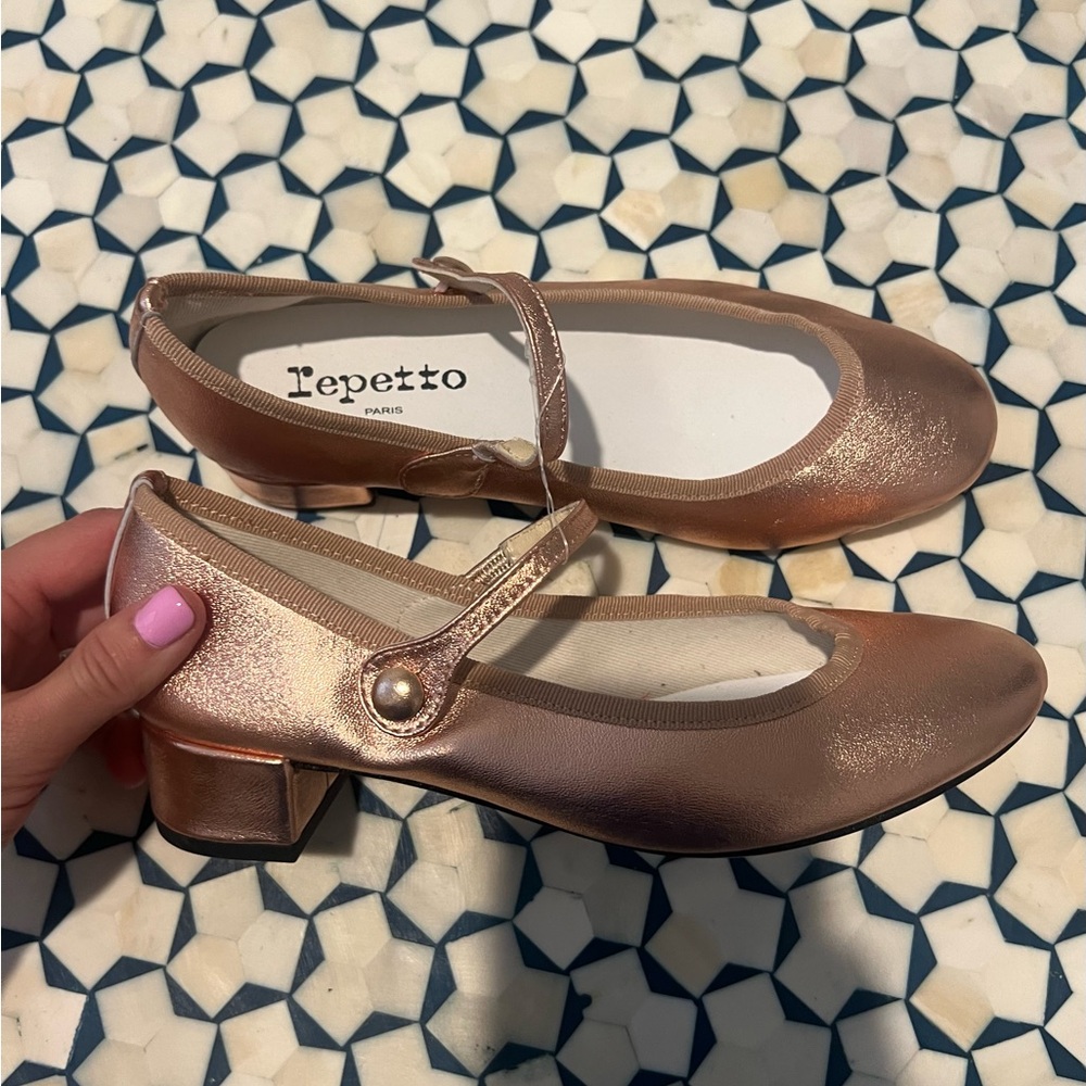 Anthropologie Repetto Mary Jane Ballet Heels Rose Gold Metallic sz 37